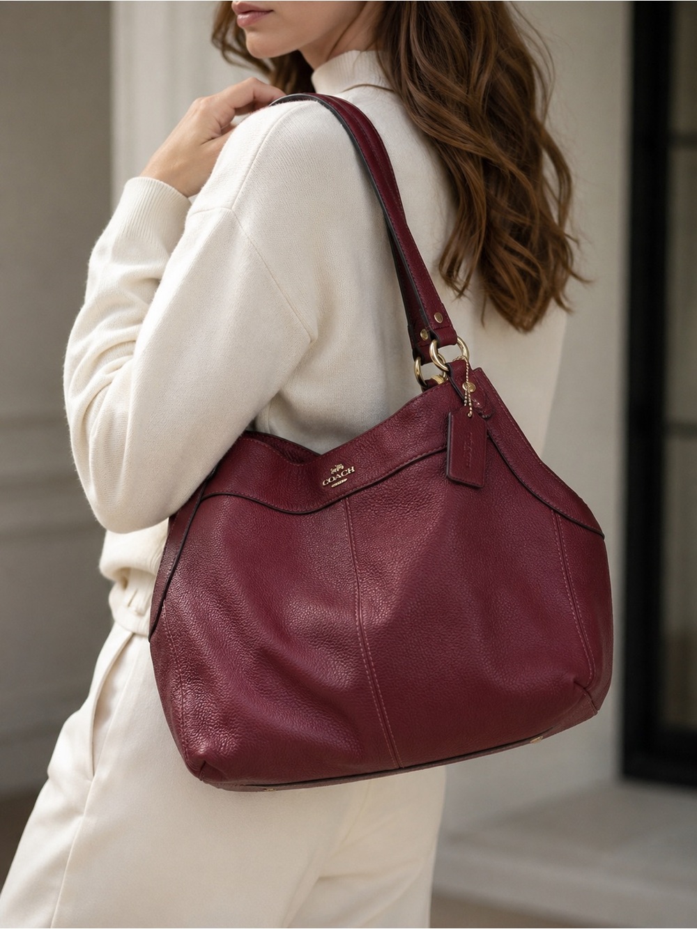 Coach Lexy F28997 Burgundy Pebble Leather 3 Compartment Shoulder Bag Luxury